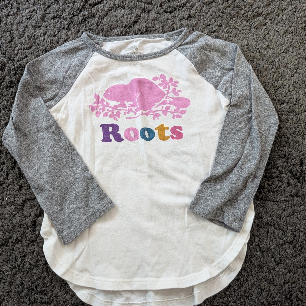 Roots Kids Long Sleeve Shirt - White and Gray with Pink Graphic